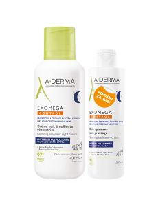 A-Derma Exomega Control Obnavljajuća emolijentna noćna krema, 400 ml + Umirujuća kupka protiv grebanja, 200 ml PROMO