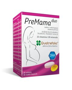 PreMama duo Quatrefolic 30 tableta i 30 mekih kapsula za žene koje planiraju trudnoću, trudnice i dojilje.